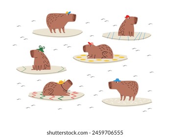 Set of six funny cute capybaras on supboards. Vector hand drawn illustration.