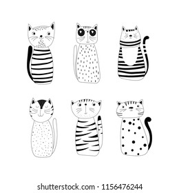 Se coloca con seis graciosos felinos de garabatos aislados en fondo blanco. Ilustración vectorial para niños.