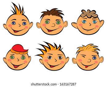 Set with six funny faces of smiling boys on white background, hand drawing cartoon vector illustration