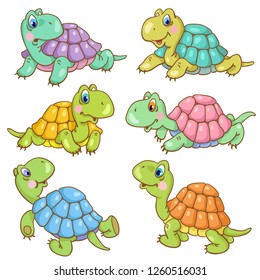 Set of six funny little turtles in cartoon style, isolated on white background. Vector illustration.