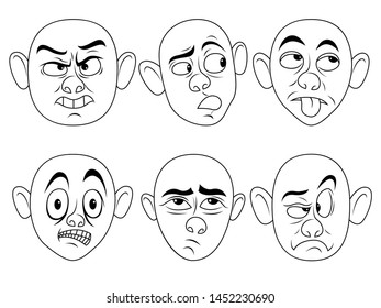 Set of six funny male characters with various grimaces, cartoon vector illustration isolated on the white background