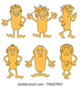 Set of six funny male characters with various grimaces, cartoon vector illustrations isolated on the white background