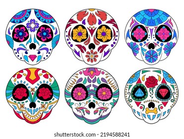 Set of six funny sugar skulls. Decor elements, prints. Mexican Day of the Dead. Dia de los Muertos. Halloween decoration. vector illustration isolated on white background