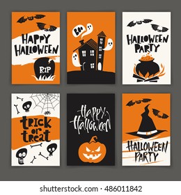 Set of six funny vector Halloween poster designs with halloween symbols and calligraphy. Cartoon style halloween card. Party invitation design. 