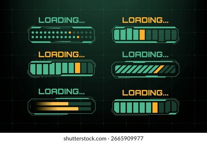 Set of six futuristic hud loading bar designs. Digital progress indicator for user interface and data processing.