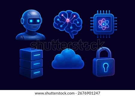 Set of six futuristic neon glowing technology icons, digital vector illustration of artificial intelligence robot, AI brain, microchip processor, data server, cloud computing and cybersecurity padlock