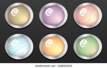 Set of six game design elements. Various precious stones in a metal frame. Templates for mobile, client and browser applications. Volumetric vector colorful objects for stylization.