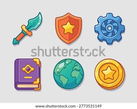 A set of six game icons including a sword, shield, gear, book, globe, and coin, each rendered in a cartoon style with bright colors and simple designs.