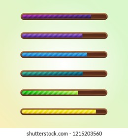 Set of six game resource bar in wooden frame with diagonal stripes. Cartoon style gui elements for mobile game. Vector design template for game, web development.