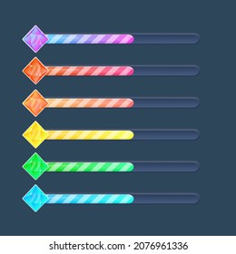 Set Of Six Game Resource Bar With Gemstone Stars Life Energy In Cartoon Style With Diagonal Stripes Vector Design For Web Or Game Design , Apps , Template Isolated On Dark Background