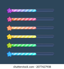 Conjunto De Seis Colas De Recursos De Juego Con Gemstone Cinco Ángulos Estrellas Energía De Vida En Estilo De Caricatura Con Diseño De Vector De Rayas Diagonales Para Diseño De Web O Juegos , Apps , Plantilla Aislada En Fondo Oscuro