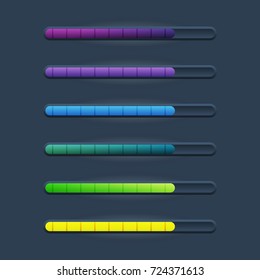 Set of six game resource bar in cartoon style with vertical lines. Vector illustration for web or game design, apps, template isolated on dark background.