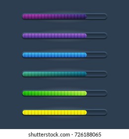 Set of six game resource bar in cartoon style with vertical stripes. Vector illustration for web or game design, apps, template isolated on dark background.