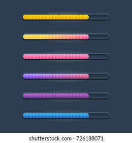 Set of six game resource bar in cartoon style with vertical stripes. Vector illustration for web or game design, apps, template isolated on dark background.