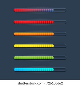 Set of six game resource bar in cartoon style with vertical stripes. Vector illustration for web or game design, apps, template isolated on dark background.