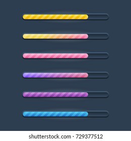 Set of six game resource bar in cartoon style with diagonal stripes. Vector illustration for web or game design, apps, template isolated on dark background.