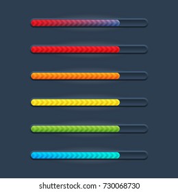 Set of six game resource bar in cartoon style with arrows. Vector illustration for web or game design, apps, template isolated on dark background.