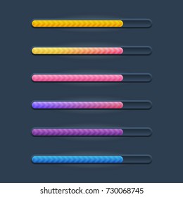 Set of six game resource bar in cartoon style with arrows. Vector illustration for web or game design, apps, template isolated on dark background.