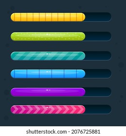 Set Of Six Game Resource Loading Progress Bar In Different Cartoon Style UI Elements Vector Design