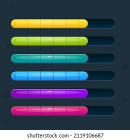 Set Of Six Game Resource Loading Progress Bar In Different Colors With Lines Pattern In Cartoon Style UI Elements Vector Design