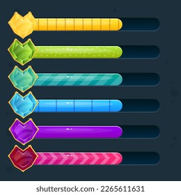 Set Of Six Game Game Resource Loading Progress Glossy Bar With Hearts Life Gems In Different Colors Cute Colorful Cartoon Vector Design