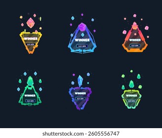 Set Of Six Game UI Pop Up Window Reward Page Winner Crystals Triangle Sci Fi Hud Futuristic Form Green Blue Purple Abstract  Cute Cartoon Vector Design