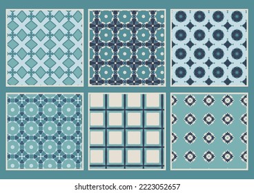 Set of six geometric abstract elegant patterns in blue and cream. Retro style geometry repeat wallpaper tiles. Seamless pattern set for textile and website.