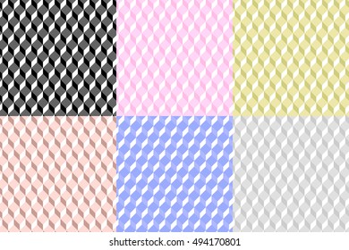 Set of six geometric colorful  seamless patterns. Abstract cube shapes. 3D vector background.