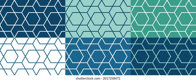 Conjunto de seis patrones geométricos islámicos impecables para la decoración tarjeta de bienvenida o el interior. Ilustración vectorial.