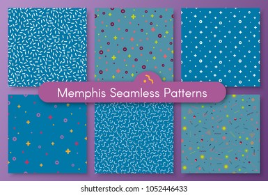 Set of six geometric memphis seamless pattern 80s - 90s style. Trendy texture collection with funky shapes on sky blue background. Vector illustration in memphis pop art style for poster template