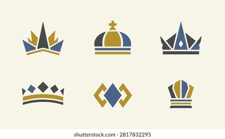 Set of six geometric and minimalist crown icons in gold, blue, and grey colors representing royalty and premium quality.