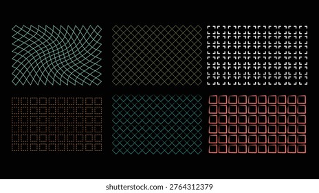 A set of six geometric patterns featuring lines, squares, and shapes in green, orange, yellow, white, and red on a black background, showcasing various compositions and styles
