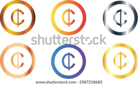 Set of six Ghana currency sign icons logos with golden orange silver and blue colors, Ghanaian cedi