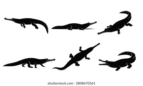 A set of six gharial crocodiles silhouette vector illustration on a white background