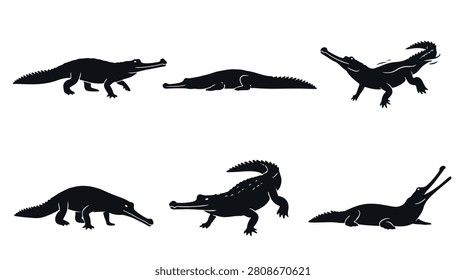 A set of six gharial crocodiles silhouette vector illustration on a white background