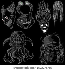 Set of six ghosts in cartoon style on a black background