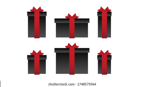 Set of six gift formats - black gift boxes tied with a red ribbon with a bow on a white background in vector.