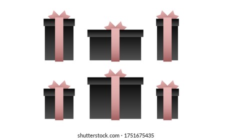 Set of six gift formats - black gift boxes tied with a light-rose ribbon with a bow on a white background in vector.