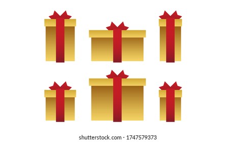 Set of six gift formats - gold gift boxes tied with a red ribbon with a bow on a white background in vector.