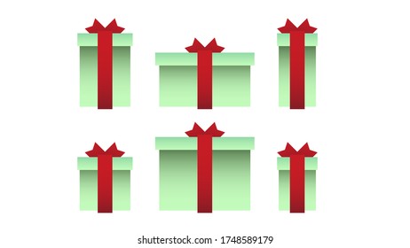 Conjunto de seis formatos de regalo - cajas de regalo de color verde claro atadas con una cinta roja con un arco sobre un fondo blanco en el vector.