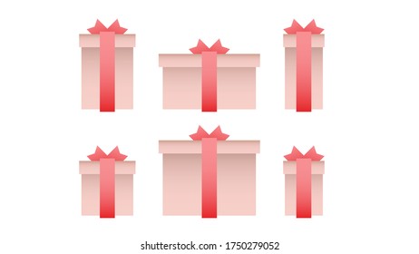 Set of six gift formats - light-rose gift boxes tied with a bright rose ribbon with a bow on a white background in vector.