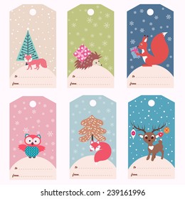 Set of six gift tags with animals (vector template)