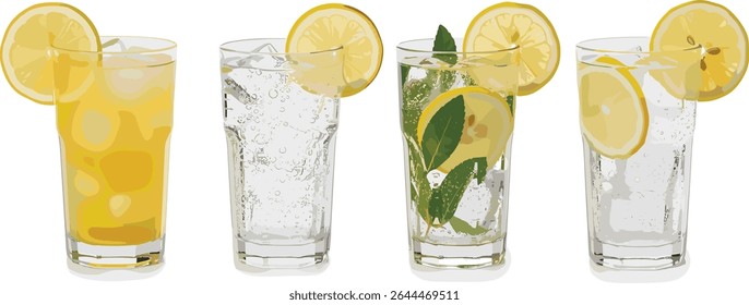 Conjunto de seis coquetéis gin fizz com limão, gelo, espuma e canudos. Ilustração em aquarela de bebidas gasosas em copos de alta-bola com enfeite cítrico e hortelã em fundo branco. Coquetel clássico.