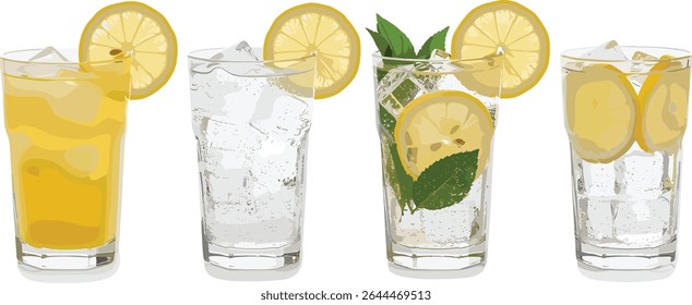 Conjunto de seis coquetéis gin fizz com limão, gelo, espuma e canudos. Ilustração em aquarela de bebidas gasosas em copos de alta-bola com enfeite cítrico e hortelã em fundo branco. Coquetel clássico.