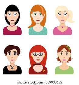 Set of six girls faces. Vector.
