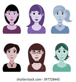 Set of six girls faces. Vector.