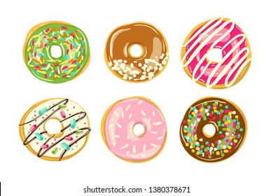 Set of six glazed caramel, chocolate, pink and white donuts. Bakery Vector illustration. Top View doughnuts into glaze for menu design, cafe decoration