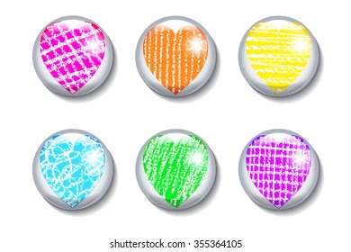 Set of six glossy buttons with different kinds of heart. Original design of icons or buttons for web. Design elements with the theme of love, Valentine's Day.