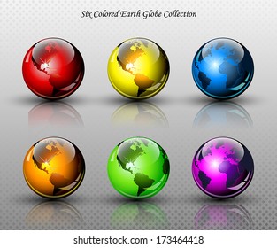 Set of six glossy colored Earth globes - Vector illustration