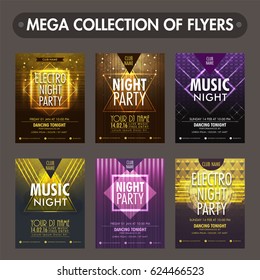 Set of six glossy flyers, templates or invitation cards design for Music Night Party celebration.